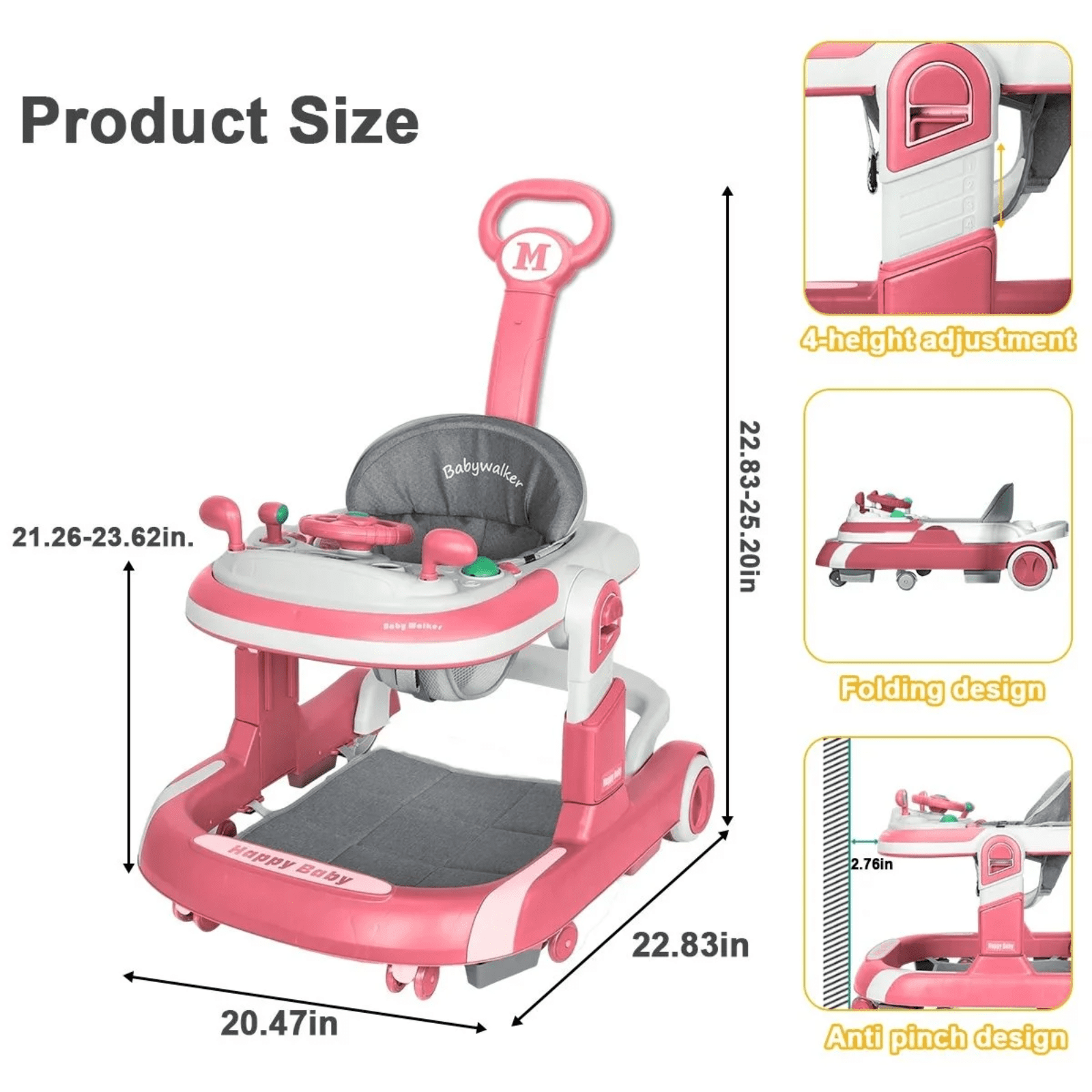 JUANYU Baby Walker with Wheels Foldable Activity Center with Mute Wheels Adjustable Heights Anti-Fall Push Walkers for Boys Girls, Red