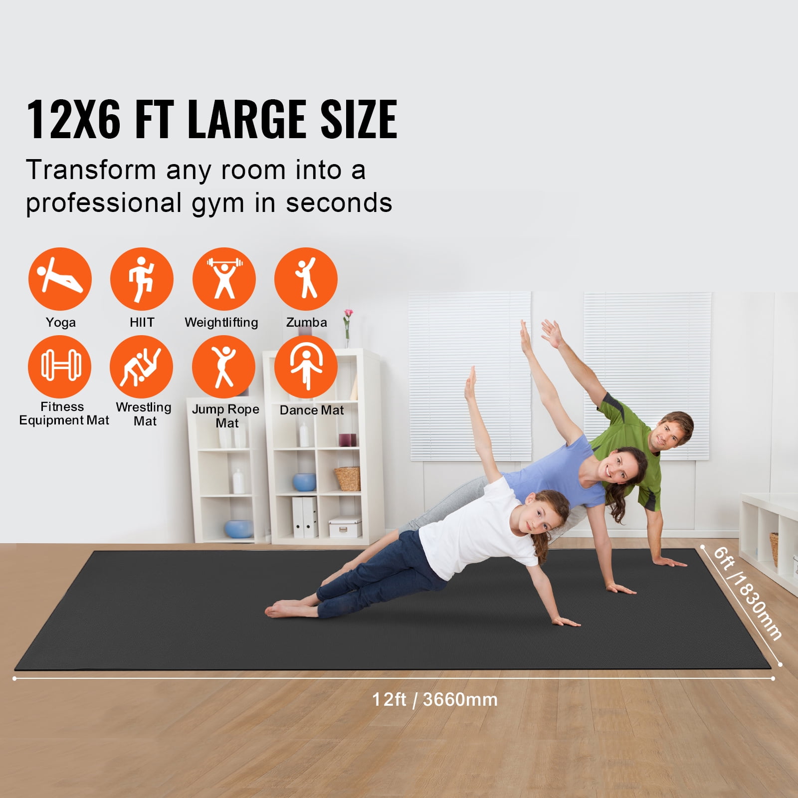 KFFKFF Large Yoga Mat,12x6ft Durable Non-Slip Fitness Mat, Multi-Purpose Exercise Mat for Both Men and Women, Includes Portable Bag & Strap, Ideal for Home Yoga, Pilates & Floor Exercises