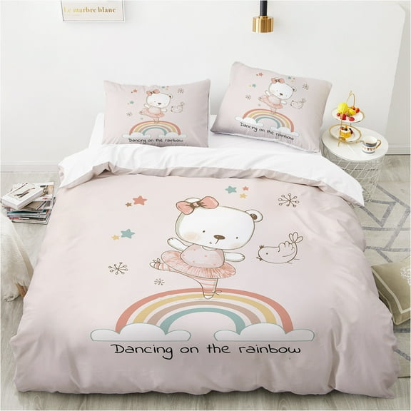 YJHDM Dance Bear Bedding Set 3D Pink Rainbow Down Duvet Cover Pillowcase 2/3pcs for Twin/Full Bed