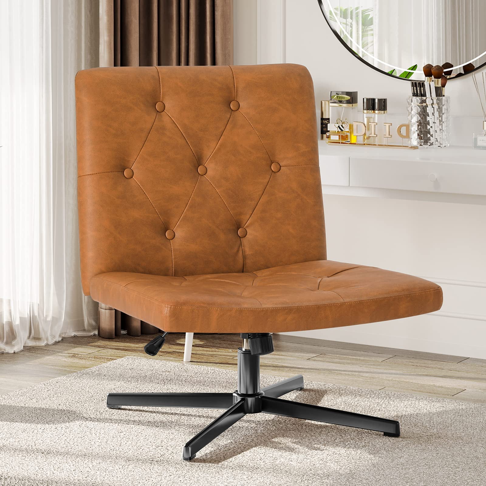 PU Leather Desk Chair No Wheels, Armless Office Chair Wide Seat for