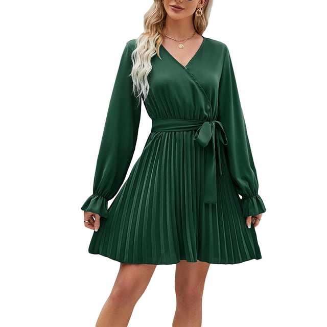 xiaxaixu Robe de Grossesse Décontractée d'Automne pour Femmes Couleur Unie Manches Longues Col en V Robe Plissée avec Ceinture