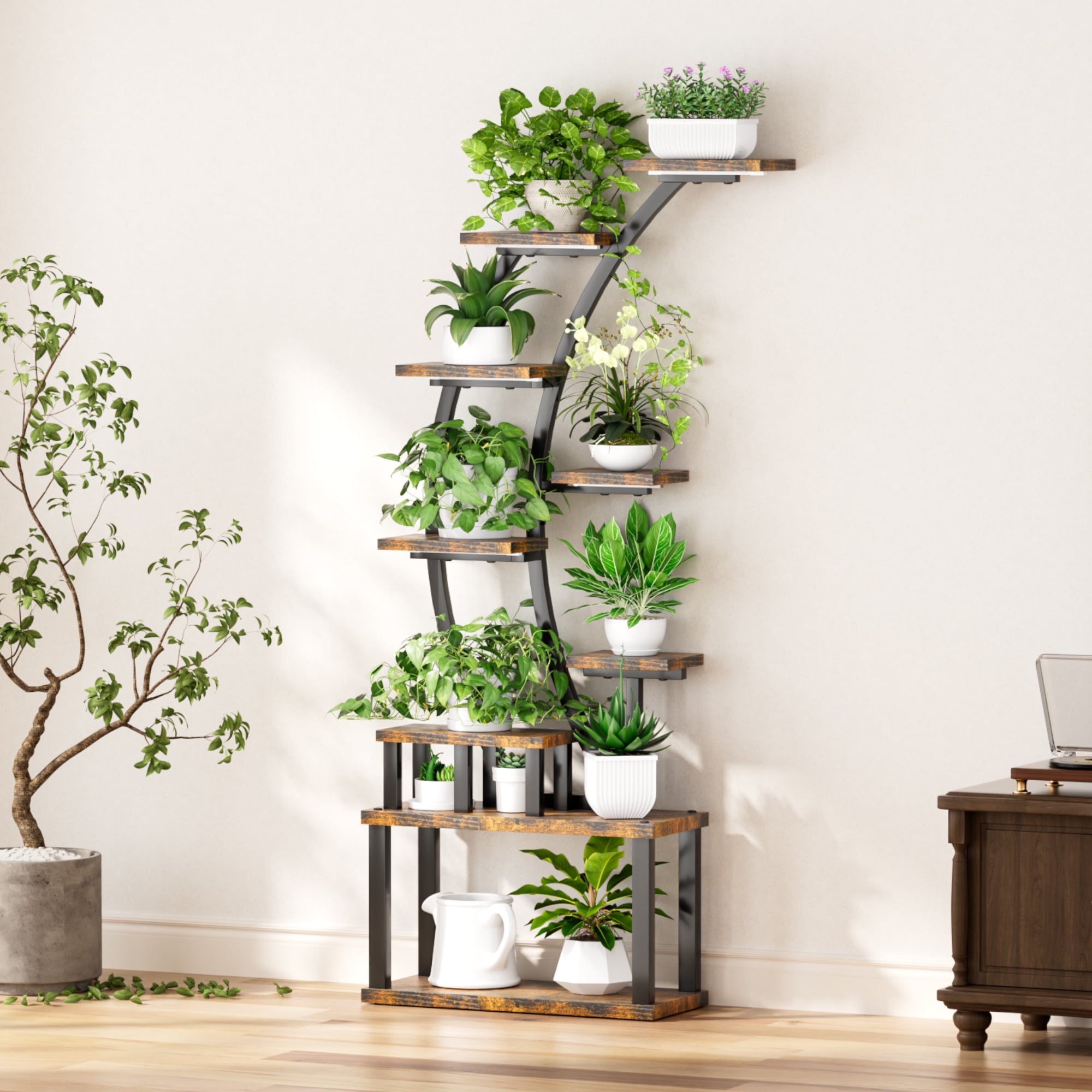 9-Tier Indoor Metal Plant Stand with 5 Full Spectrum Grow Lights, 3 Lighting Modes, 10 Brightness Levels & 3 Timer Settings, Stable Half-Moon Plant Display Shelf for Home Garden Decor
