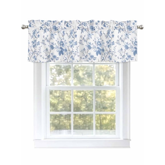 Blue White Spring Floral Curtain Valances for Windows, Summer Botanical Birds Kitchen Valance Window Treatment, Light Filtering Block Curtains for Bathroom/Bedroom/Living Room 60'' x 18''