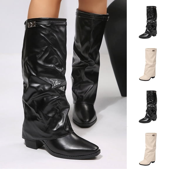 Knee High Boots Women, Fold Over Shark Boots Pointed Toe Block Heels Wide Calf,Minimalist Street Style Faux Leather Boots for Fall & Winter Black 9.5(43)