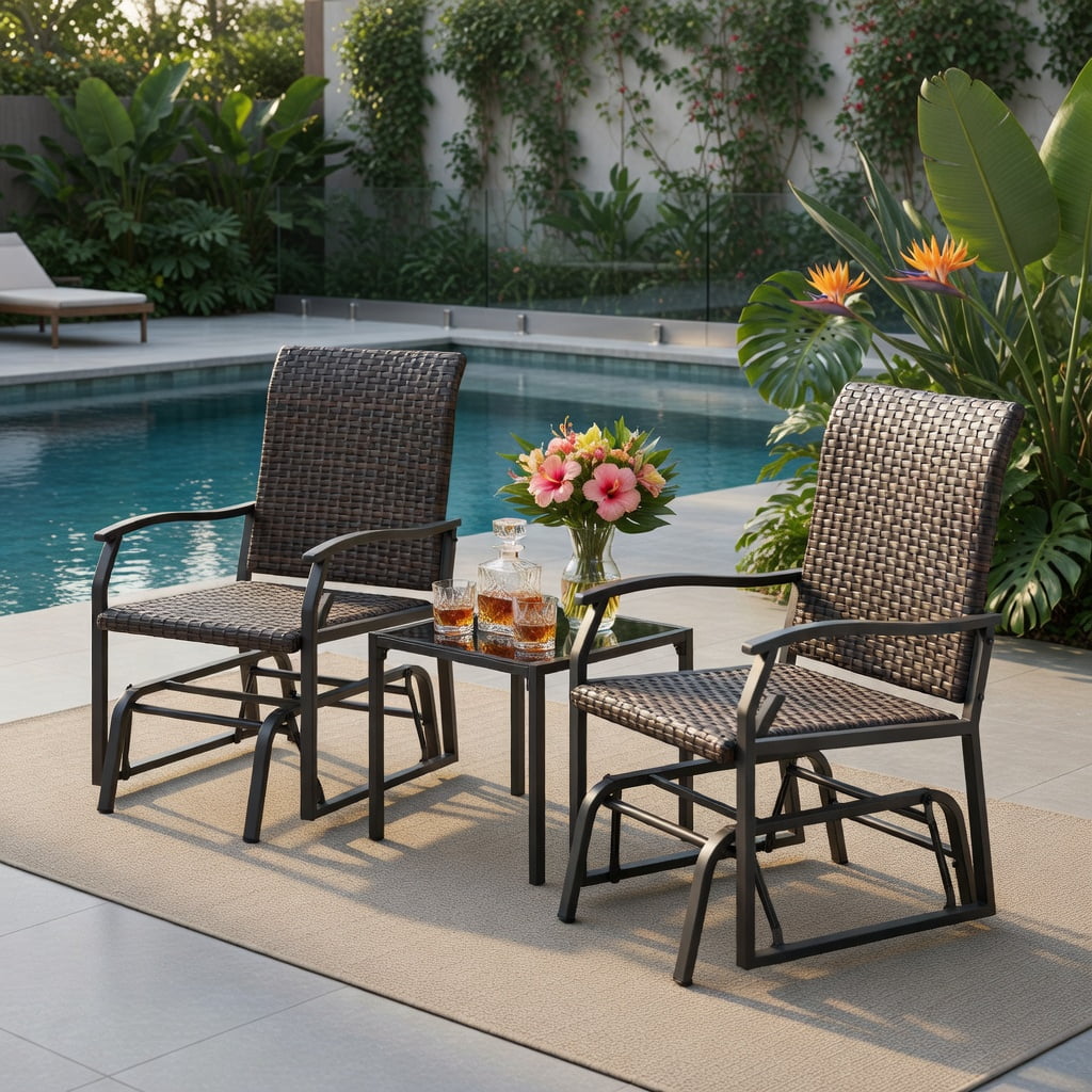 Hommoo 3-Piece All-Weather Patio Gliding Set with Tempered Glass Coffee Table, PE Rattan Outdoor Seating for Backyard, Poolside & Porch, Brown