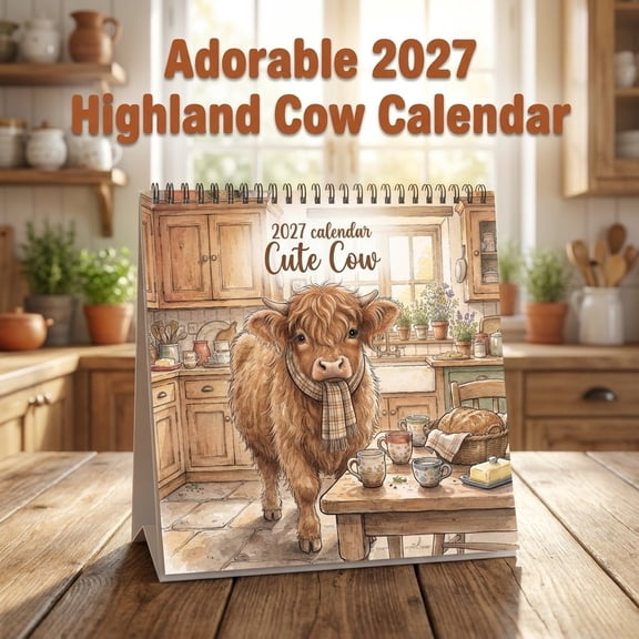 Sulaicai 2027 Cute Highland Cow Desk Calendar, Cozy Farmhouse Kitchen Watercolor Art Standing Flip Monthly Calendar, Rustic Country Desktop Decor & Unique Gift for Cow Lovers