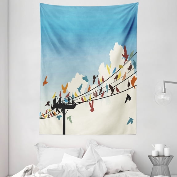 Colorful Tapestry, Animal Theme Silhouettes of Colorful Birds Roosting on Telegraph Wires Pattern, Wall Hanging for Bedroom Living Room Dorm Decor, 60W X 80L Inches, Multicolor, by Ambesonne