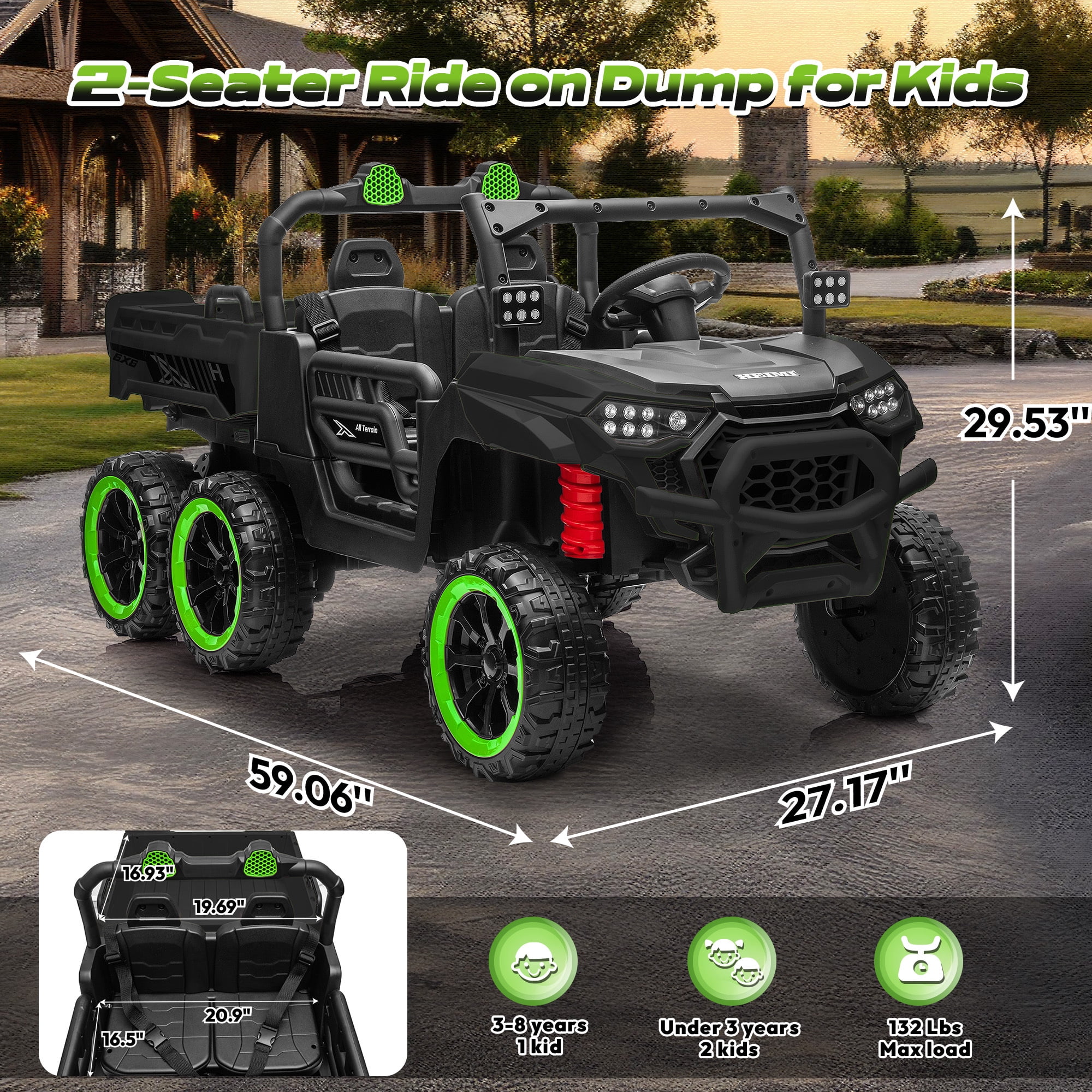 Letsgokid 24V 2-Seater Ride On Dump Truck with Remote Control, 4WD 6-Wheel Electric Car for Big Kids with Electric Dump Bed, 20in Seat, 400W Powerful Motor, LED Lights, Music, Ages 3+