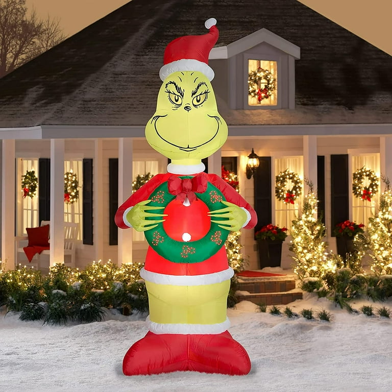 Giant Grinch with Christmas Wreath with Sewn In Micro LED Holly Berries 11.5 Feet