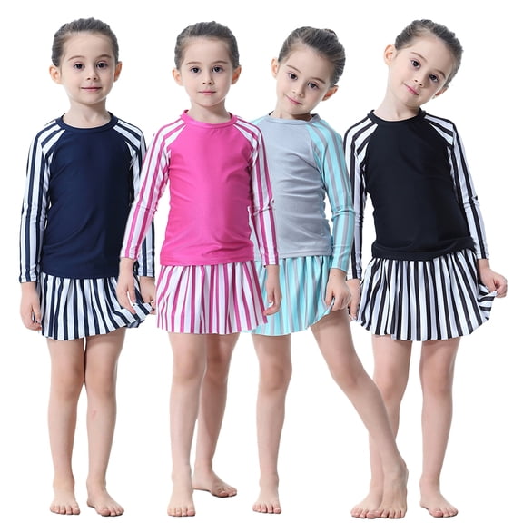 WOLLED 1-14Y Girls Long Sleeve Swimsuits with Hat Three-Piece Rash Guard UPF50 Sun Protection Bathing Suits Quick Dry Beach Swimwear for Kids Toddler Baby