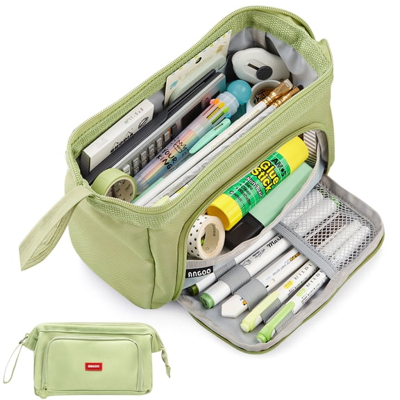 Rirool Large Capacity Pencil Case, Wide Opening Pencil Pouch with Clear Window, Zipper Pen Bag for School Supplies, Teen Girls Boys, Green