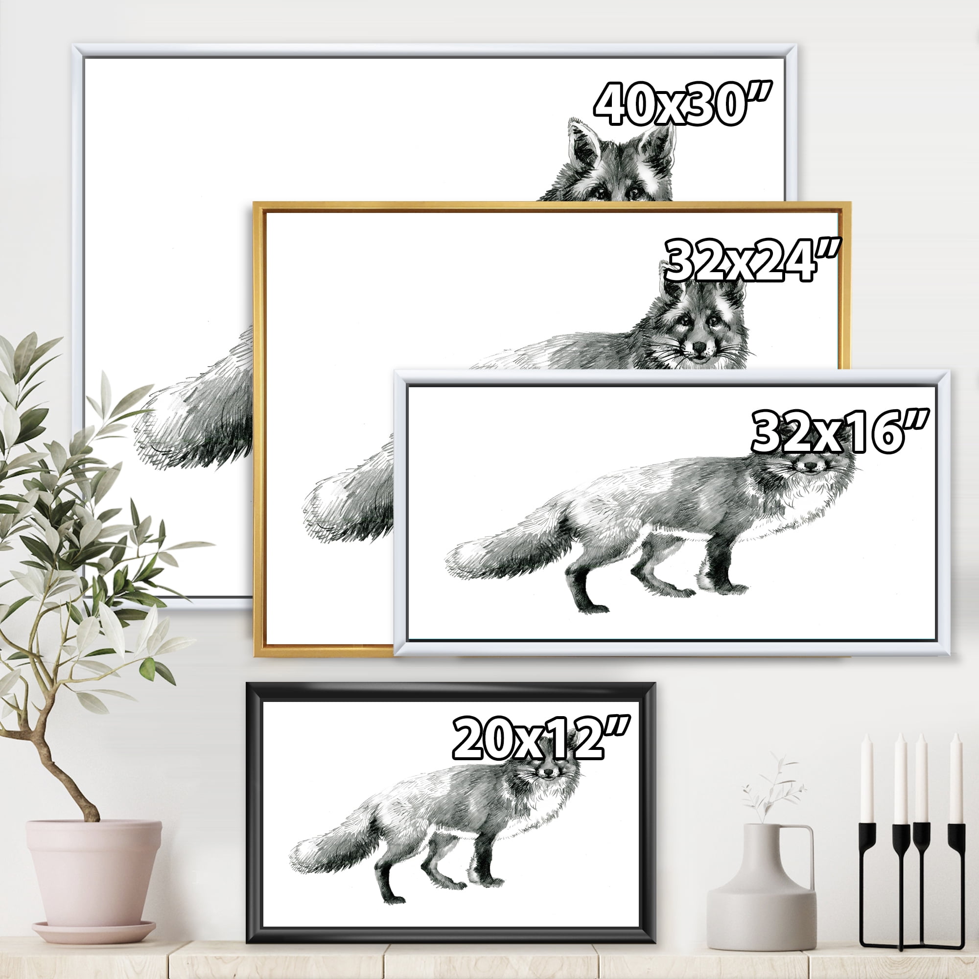 Designart 'Black and White Portrait Fox' Farmhouse Framed Canvas Wall Art Print