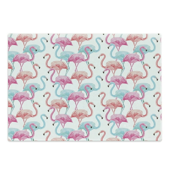 Watercolor Cutting Board, Flamingos in Many Colors Hand Drawn Bird Exotic Animals Illustration, Decorative Tempered Glass Cutting and Serving Board, Large Size, Pale Blue Salmon Pink, by Ambesonne
