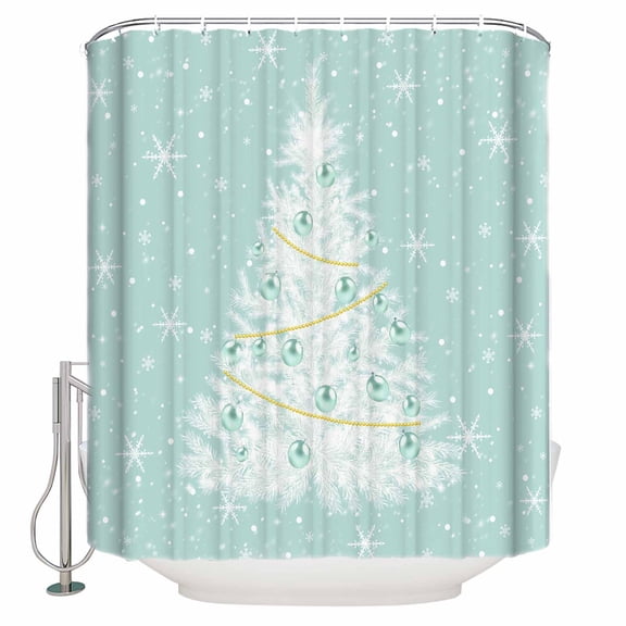 Fabric Shower Curtain, Christmas Ball White Xmas Tree Snowflake Teal Bathroom Curtain with 12 Hooks Waterproof No Bad Odor Machine Washable Bath Curtains for Bathroom, Spa Room, 36"x78"
