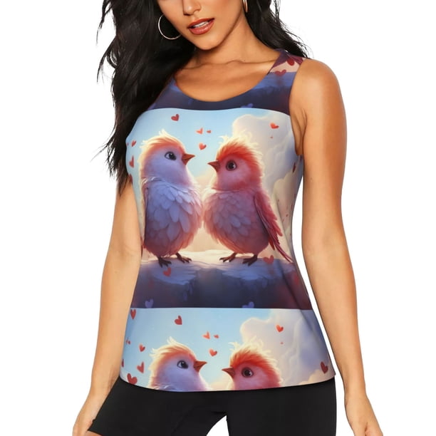 Balery Heart Sky Bird Couple Camiseta sin mangas estampada ligera para mujer, tops de entrenamiento sin mangas, camisetas de yoga transpirables de secado rápido.-Small