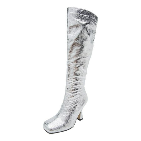 

Juebong Women Boots Square Toe Shoes Zip Shoes Fashion High Heel Shoes Knee-High Boots Shiny Stilettos Silver Size 8.5