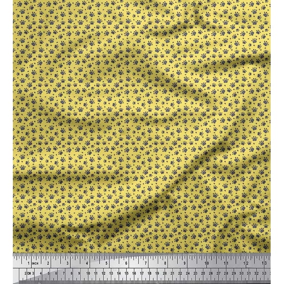 Soimoi Yellow Cotton Poplin Fabric Dogs & Paw Dog Print Fabric by the Yard 42 Inch Wide