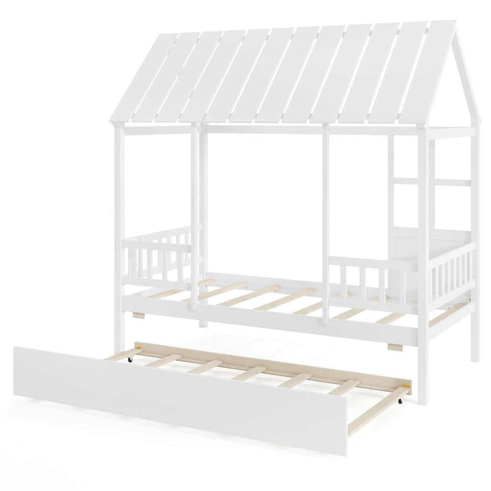 Barara King Twin Size Bedroom Trundle Bed Frame with Roof Window, Bed Platform Frame for Bedroom, Apartment, White