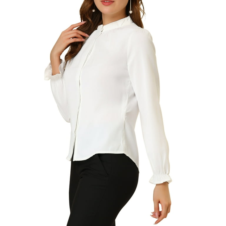 Allegra K Women's Ruffled Trim Button Down Stand Collar Long Allegra K Women's Ruffled Trim Button Down Stand Collar Long