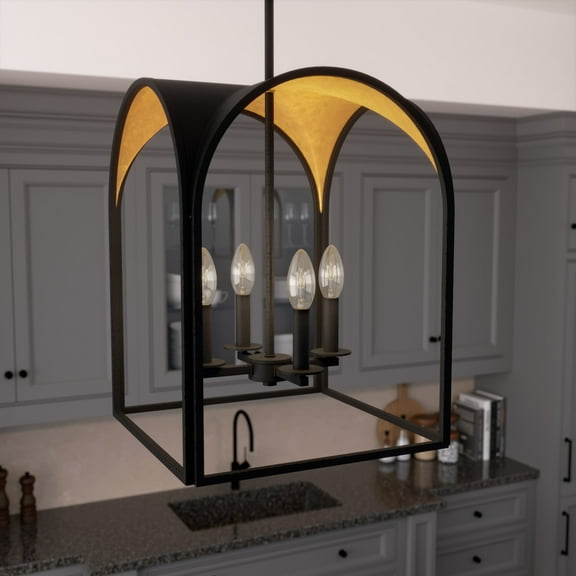 Hunter - Dukestown 4-light Natural Black Iron, Medium Size Pendant Light, Dimmable, Formal Style, Lantern Shaped, for Bedrooms, Dining, Living Rooms - 19082
