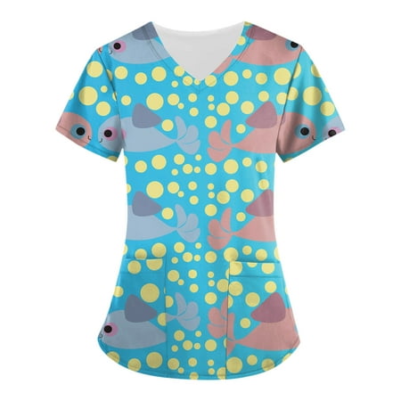 

Sksloeg Scrubs For Women Cartoon Printed Top Short Sleeve V-Neck Shirts Tee Tops With Pockets Animal Patterned Nursing Working Uniform Blue M