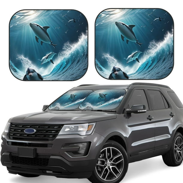 Balery Ice Blue Ocean Cute Dolphin A Parasol para parabrisas de coche de 2 piezas | Parasol plegable para parabrisas delantero de coche para la mayoría de sedanes-Medium