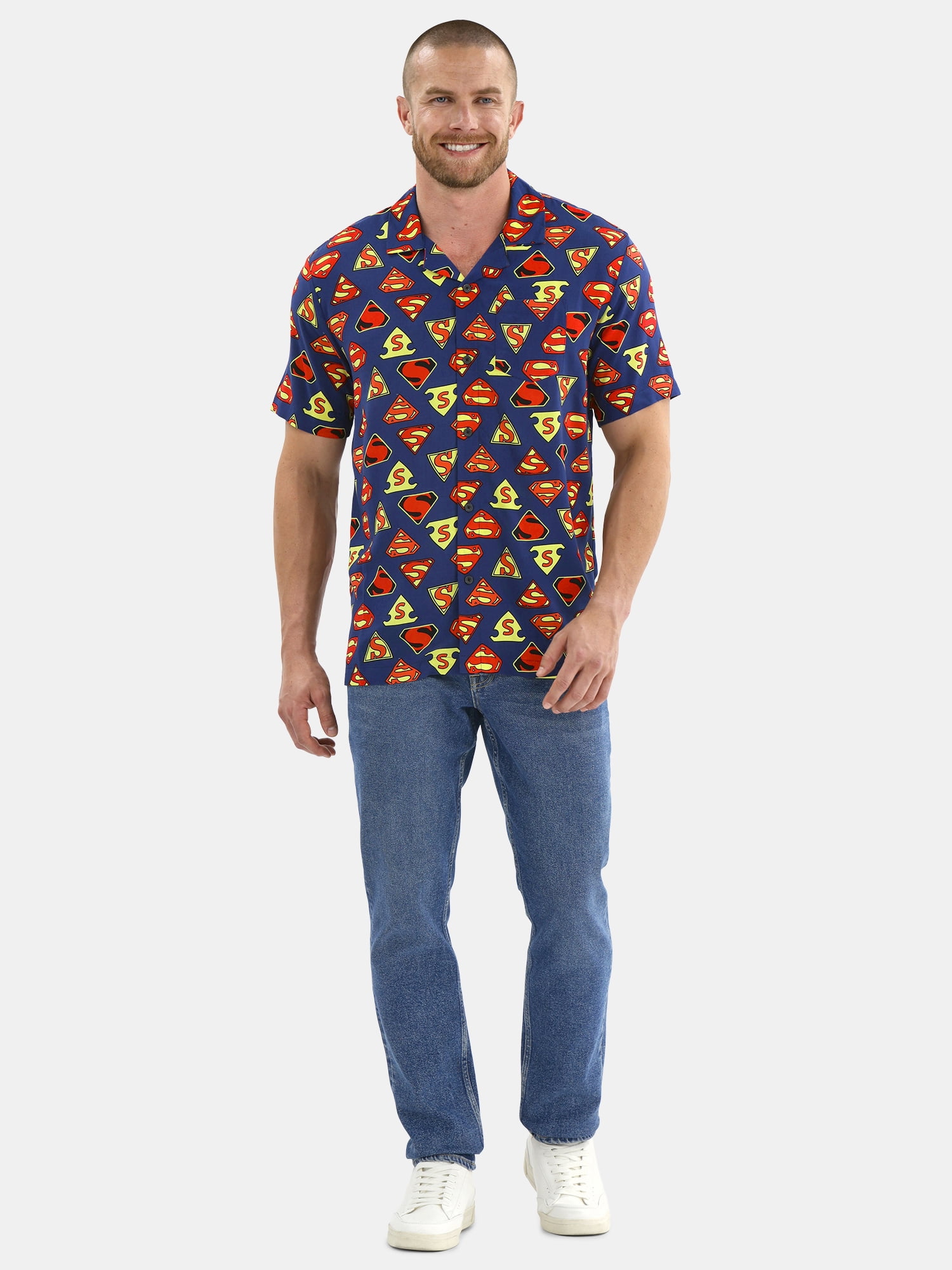 Superman Men's & Big Men's Graphic Timeline Logos Button-Up Shirt, Sizes S-3XL