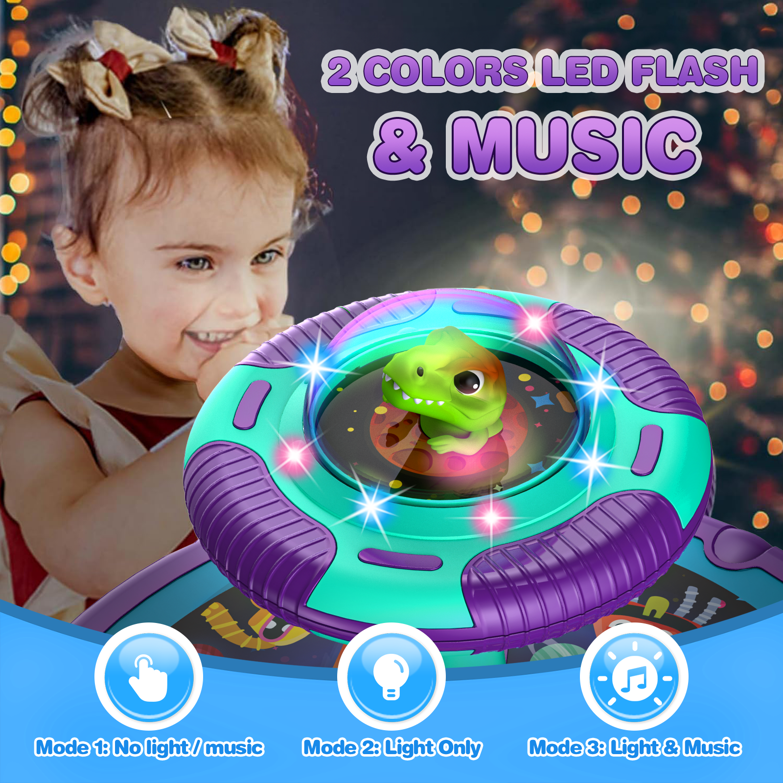 Beefunni Dinosaur Toddler Spin Toys for Ages 2 3 4 5 Years, Birthday Gift for Kids Toddlers Ages 2-4 Years, Light-Up Dinosaur Space Kids Twister with LED Light and Music.
