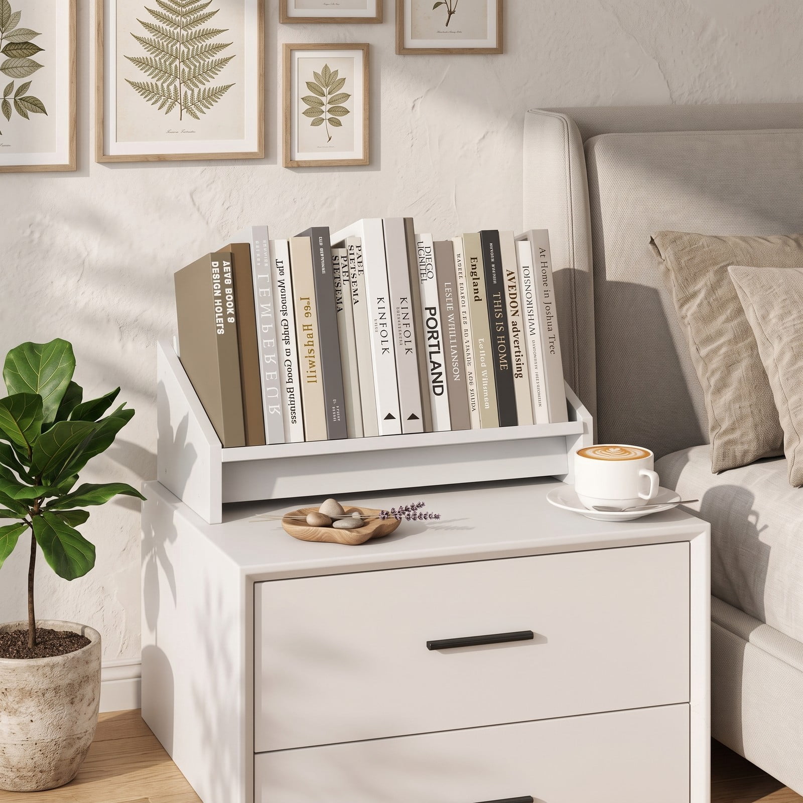 Furnibear Wooden Tilting Desktop Bookshelf, Small Tabletop Book Organizer Storage Rack for Magazines Vinyl Records Cookbooks, Space-Saving Wood Bookcase for, White