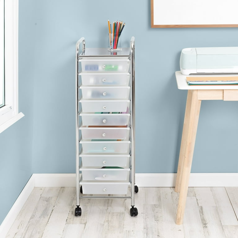 Hello Hobby 10-Drawer Multi-Color Rolling Craft Cart, Clear/Chrome
