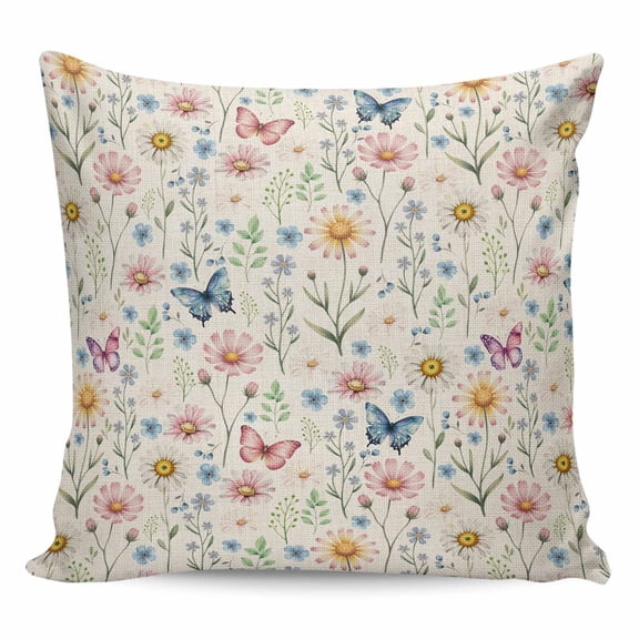 Throw Pillow Covers 18x18 Inch, Pink Spring Floral Decorative Pillow Cases for Couch Sofa Bed, Elegant Pastoral Flowers Butterflies Rustic Cotton Linen Square Home Decor Pillowcases