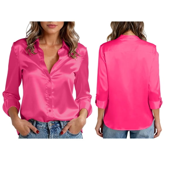 Satin Blouses for Women Casual Long Sleeve Button Down Silk Shirts Dressy Business Work Tunic Top Hot Pink S