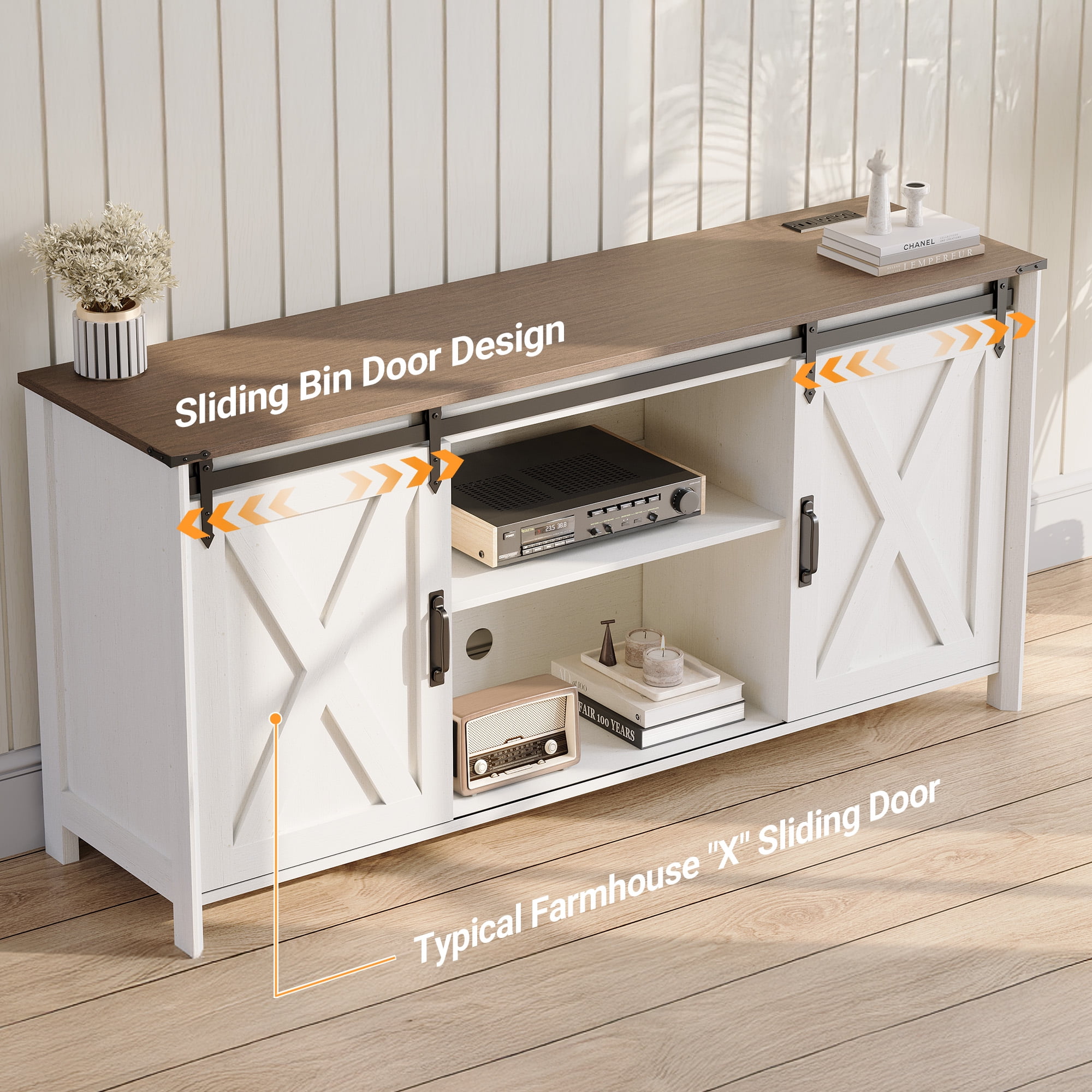 Innovar Modern Farmhouse TV Stand with Power Outlet for TV up to 65", Rustic Entertainment Center W/ Sliding Barn Door & Cabinet, Media TV Console Table with Adjustable Shelve for Living Room, Oak