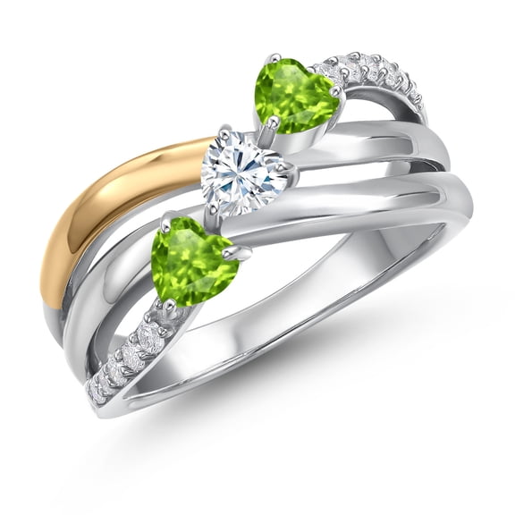 Gem Stone King 925 Silver and 10K Yellow Gold Green Peridot and White Moissanite and Lab Grown Diamond Engagement Ring for Women | 0.92 Cttw | Heart Shape Gemstone August Birthstone | Size 5