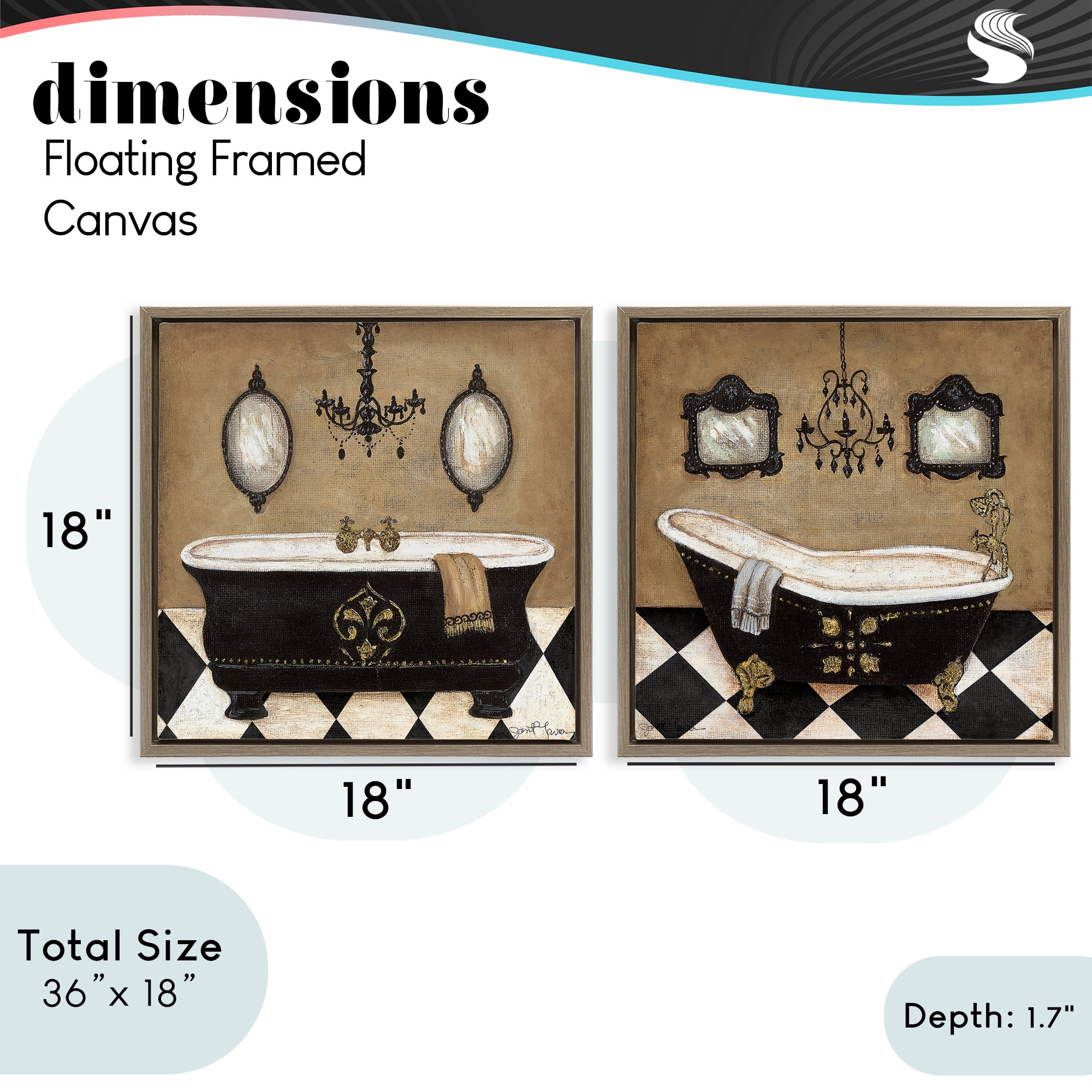 Stupell Industries Elegant Bathroom with Chandeliers 2 Piece Brown Framed Floater Canvas Set, design by Janet Tava