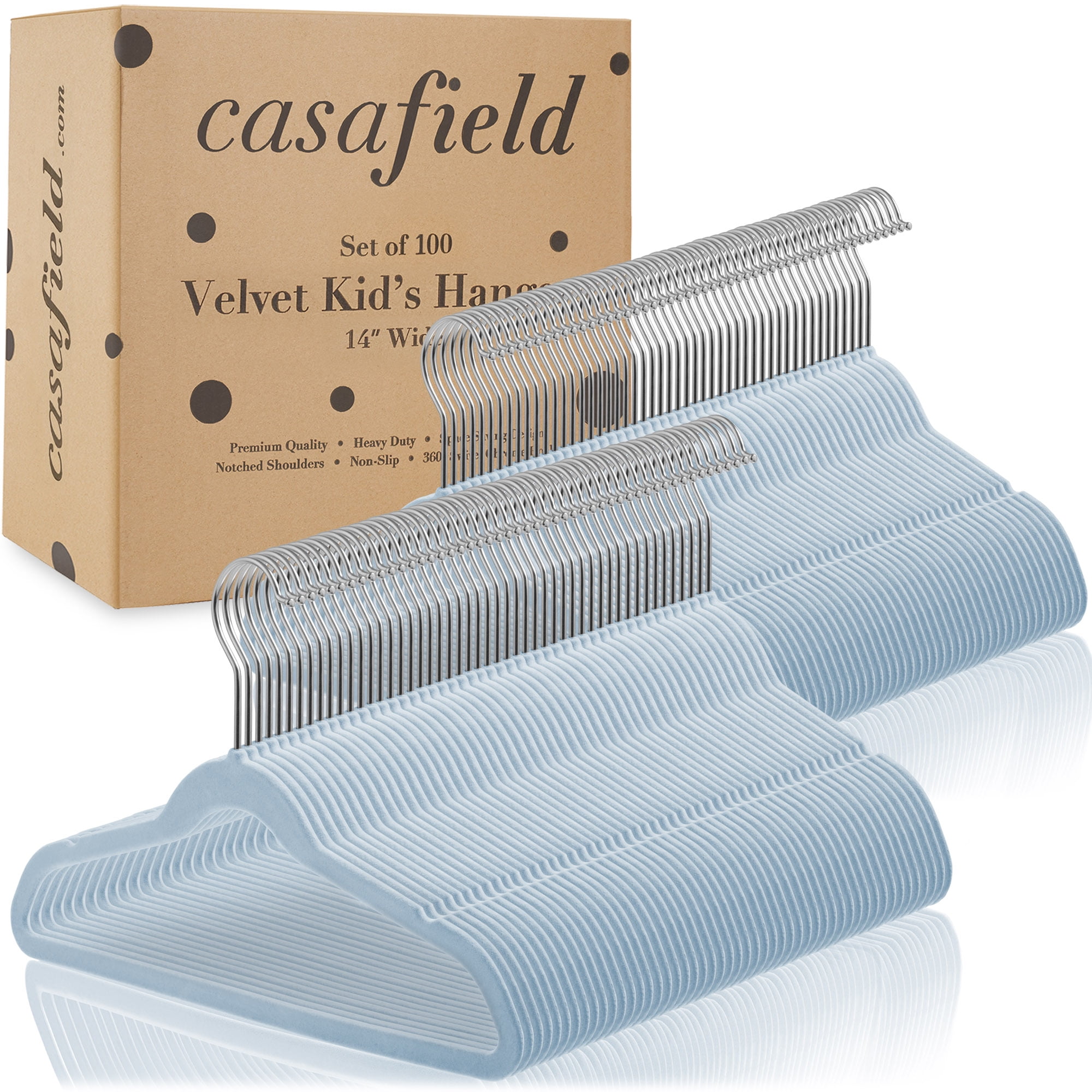 Casafield 100 Velvet Kid's Hangers for Children's Clothes, 14" - Light Blue
