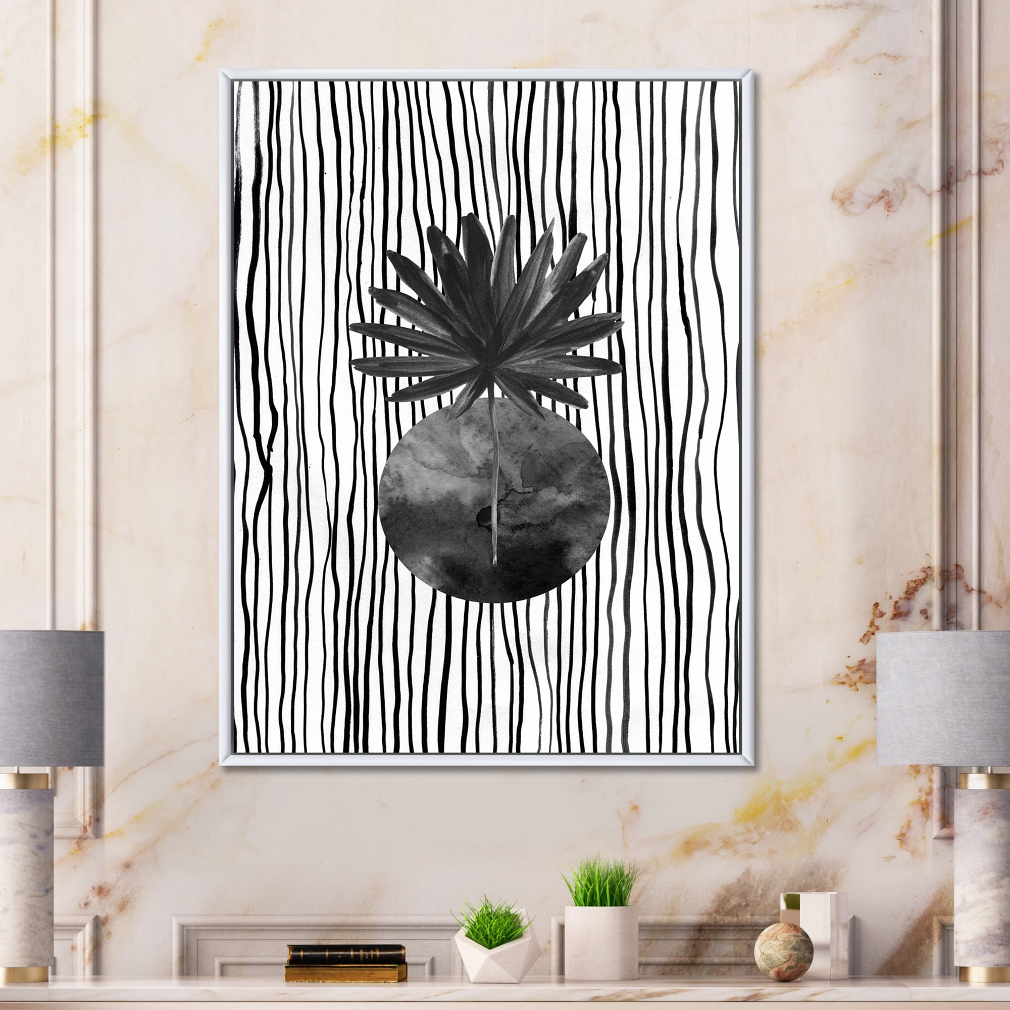 Designart 'Black and White Striped Under Tropical Leaf I' Modern Framed Canvas Wall Art Print