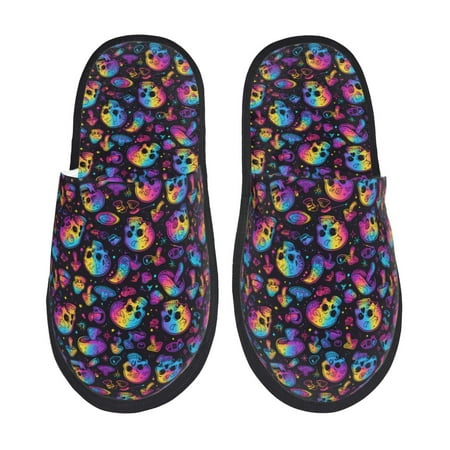 Balery rainbow color Skull mushroom Slient Indoor Furry Fleece Comfort House Shoes Soft Non-Slip Home Shoes Cotton slippers House Slippers-- Large