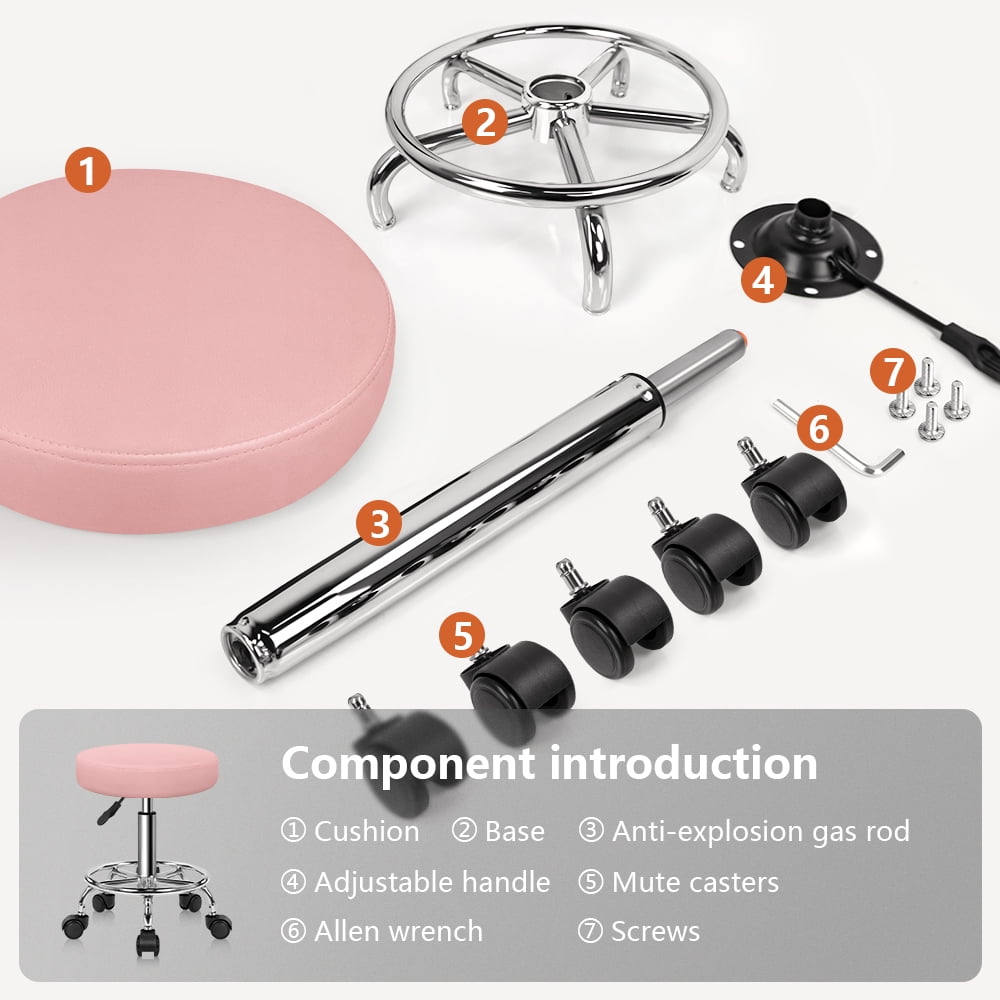 KKTONER Pink PU Leather Round Roller Stool with Footrest, Rotatable, Height Adjustable, Spa, Hair Salon, Tattoo Studio, Office Massage Stool, Work Chair