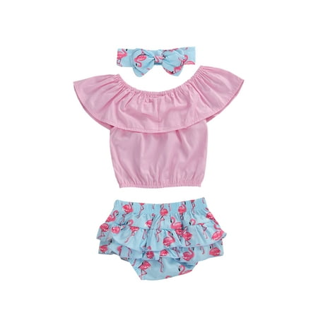 

One opening Baby Girl Short Sleeve Top + Flamingo Print Shorts + Headband Set