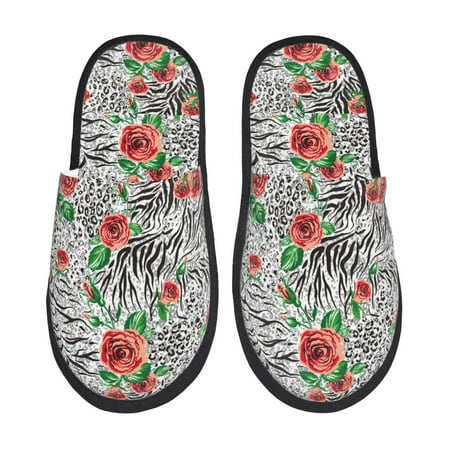 Balery Roses Mixed Zebra 1 Slient Indoor Furry Fleece Comfort House Shoes Soft Non-Slip Home Shoes Cotton slippers House Slippers-- Large