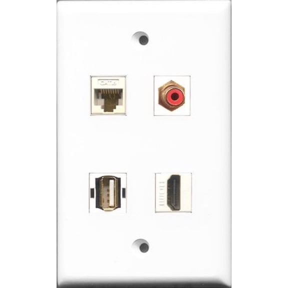 RiteAV 1 Port HDMI and 1 Port RCA Red and 1 Port USB A-A and 1 Port Cat6 Ethernet White Wall Plate