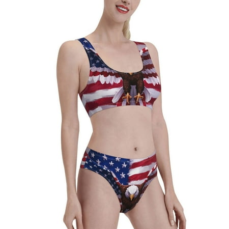 Uemuo USA Eagle with Spread Wings Printed Women s High Waisted Bikini Sets Sporty Two Piece Swimsuits Color Block Cheeky High Cut Bathing Suits-Medium