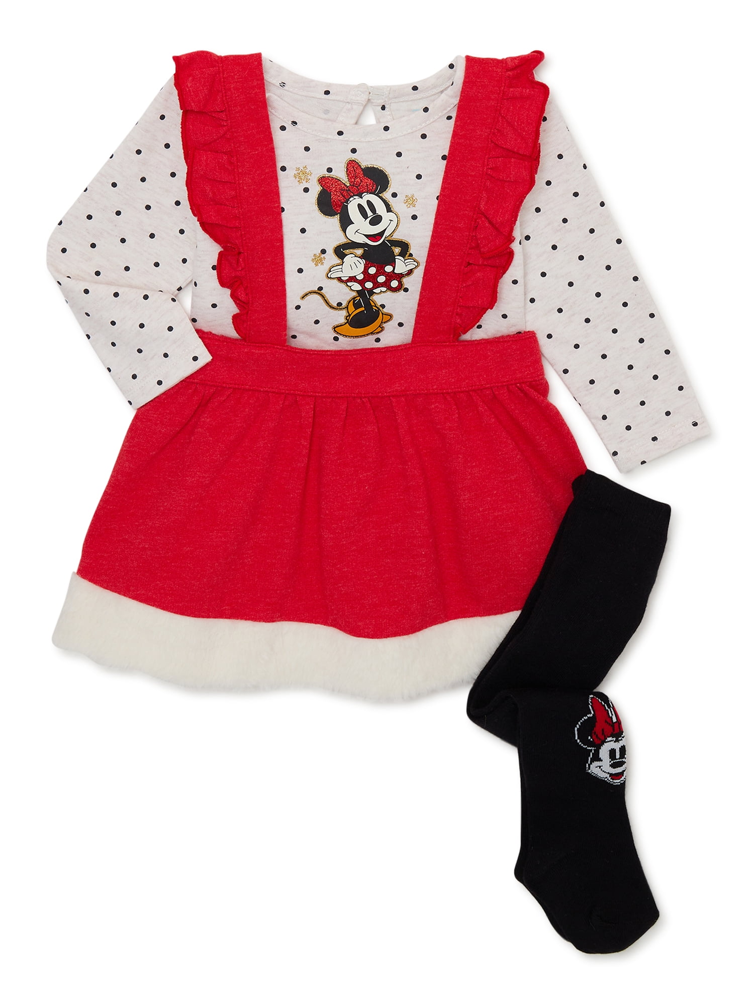 Disney Minnie Mouse Baby Girl Top, Pinafore and Tights Outfit Set, 3-Piece, Sizes 0/3-24 Months