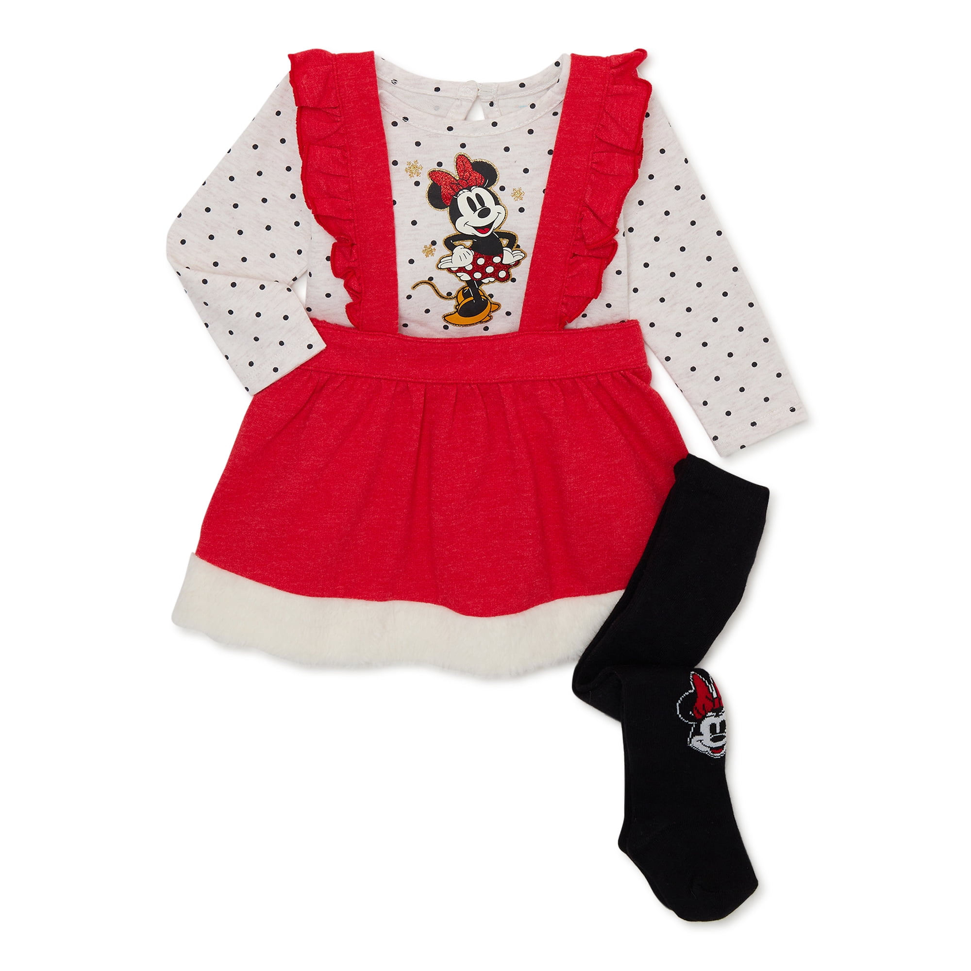 Disney Minnie Mouse Baby Girl Top, Pinafore and Tights Outfit Set, 3-Piece, Sizes 0/3-24 Months