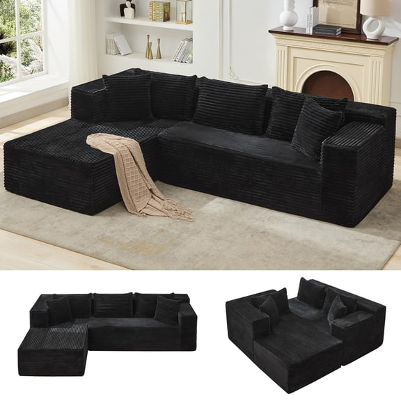 COZONY 106" Modular Cloud Sectional Sofa with Chaise, L-Shaped Corduroy Couch, Soft Boneless Design for Living Room,Black