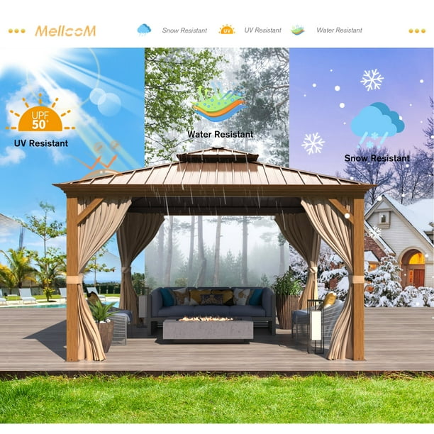 Yoleny 12 x 12 Hardtop Gazebo Wooden Finish Coated Aluminum Frame Gazebo with Galvanized Steel Double Roof Brown Metal Gazebo with Curtains and