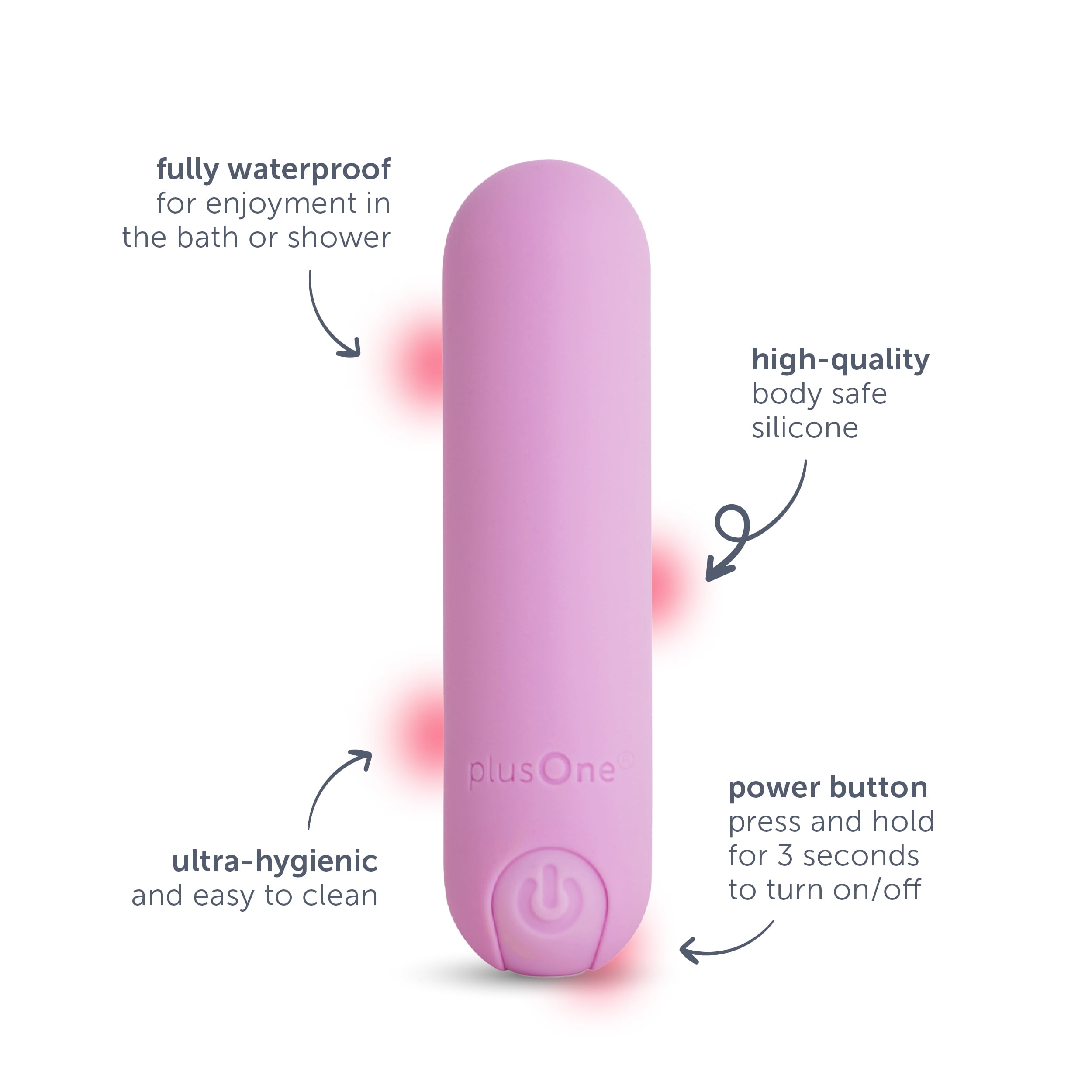 plusOne Vibrating Bullet Soft Touch Massager, Pink, 10 Vibration Settings, Waterproof