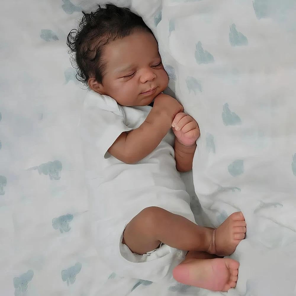 19 Inch Black Reborn Baby Dolls – Lifelike African American Soft Cloth Body Real Life Baby Dolls – Realistic Handmade Toy with Curly Hair Gift for Age3+