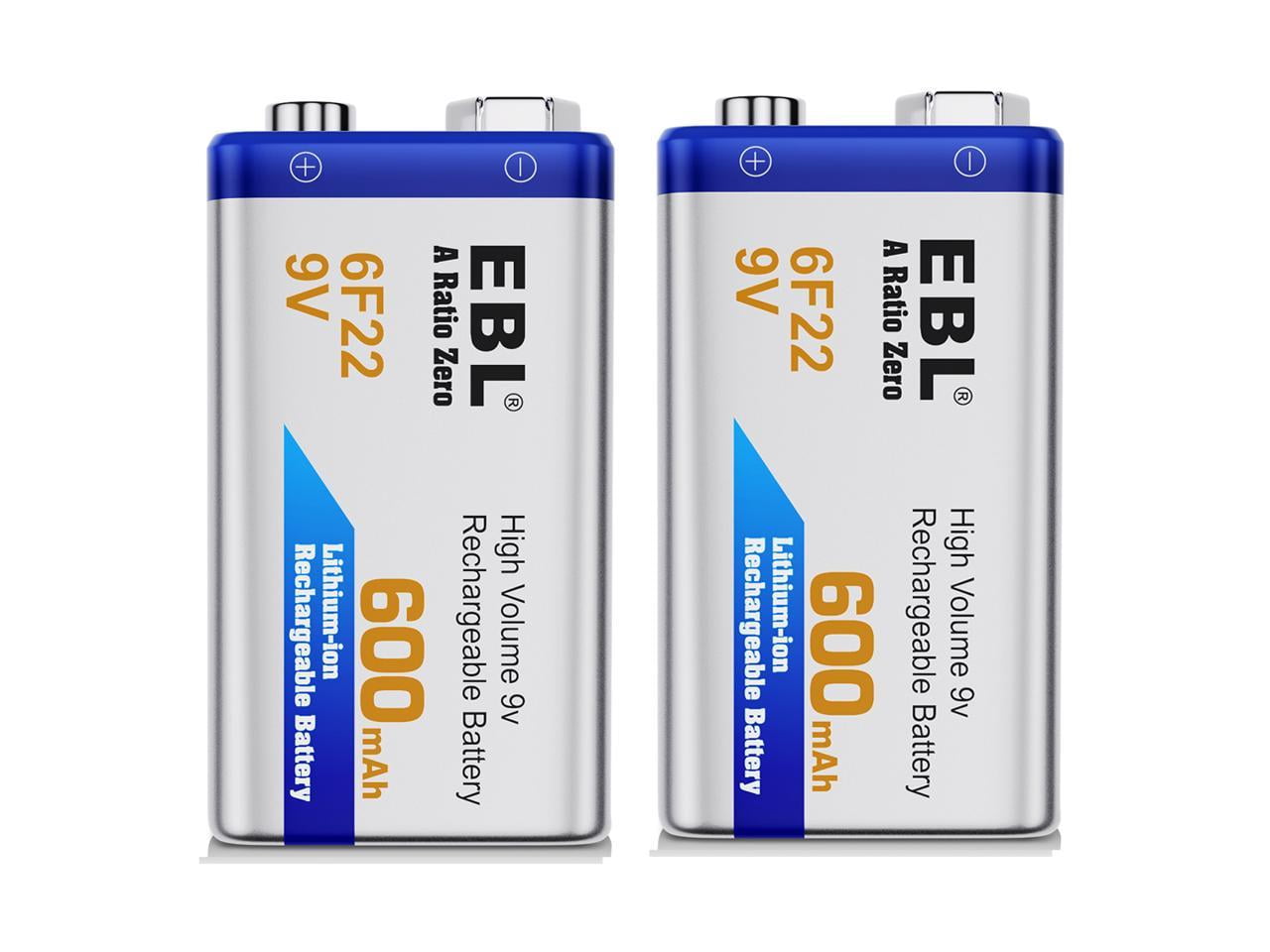 EBL 2-Pack 6F22 9V Battery 600mAh Lithium-ion Rechargeable Batteries